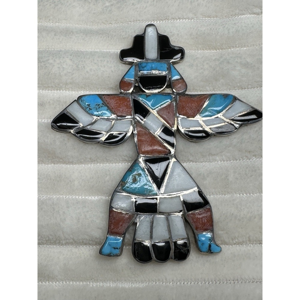 Estate VTG Zuni Knifewing Kachina Turquoise Onyx Coral MOP Pin Pendant 3" Tall
